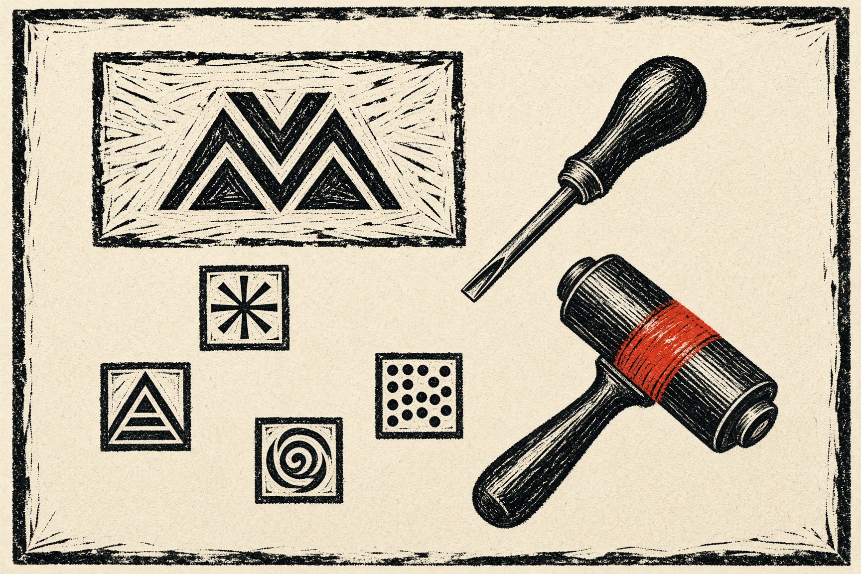 A printmaker's bench with a carved block, a gouge, an ink roller, and four printed marks.
